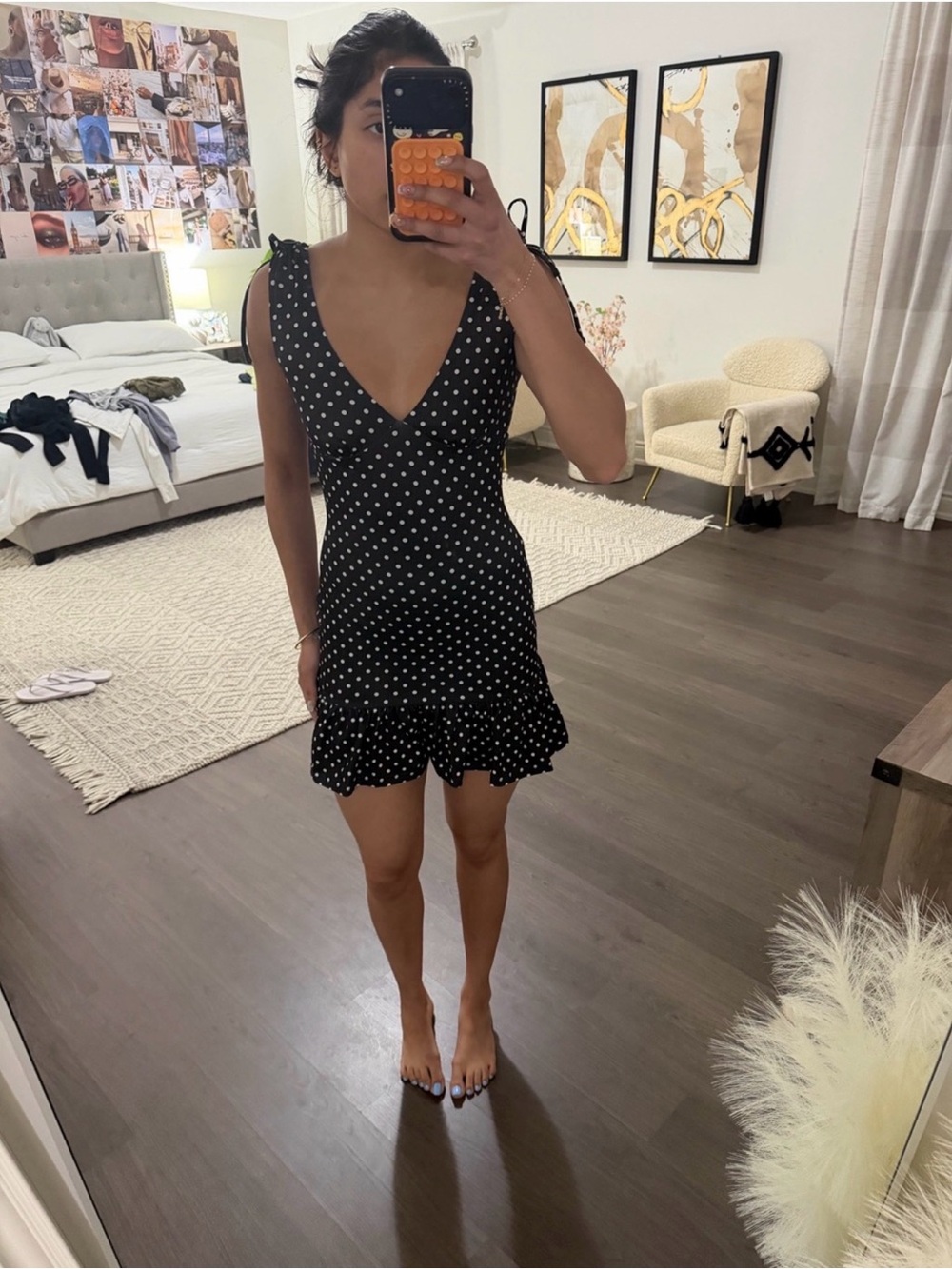 Peppermayo Black Polka Dot V-Neck Ruffle Mini Dress